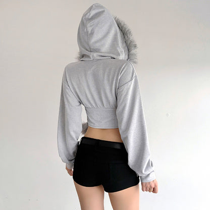 Giacca Corta con Cappuccio e Colletto in Pelliccia Stile Streetwear