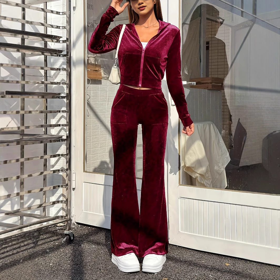Set Sportivo Autunnale Zipper Velvet con Top a Cappuccio e Pantaloni a Zampa