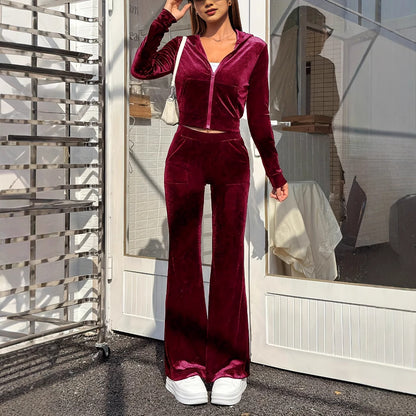 Set Sportivo Autunnale Zipper Velvet con Top a Cappuccio e Pantaloni a Zampa