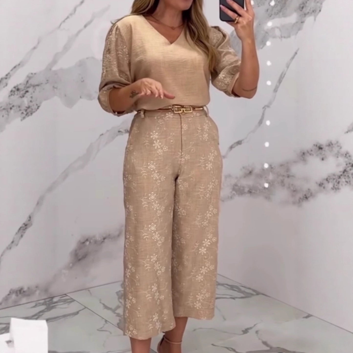 Completo Elegante Donna con Pantaloni Lunghi a Gamba Larga e Top Ricamato in Cotone