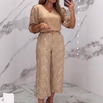 Completo Elegante Donna con Pantaloni Lunghi a Gamba Larga e Top Ricamato in Cotone