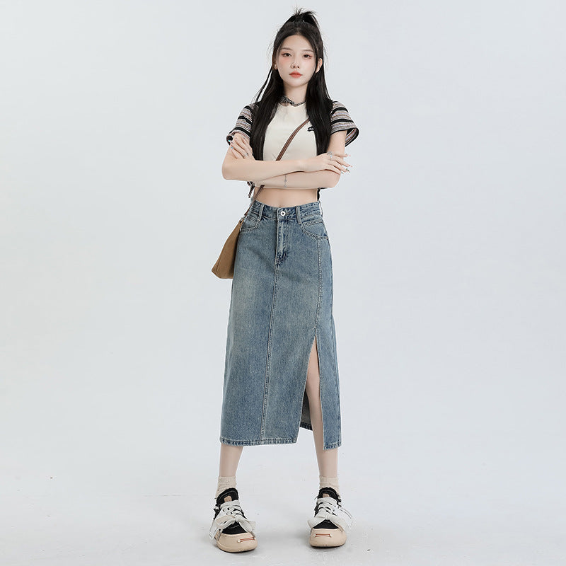Gonna Midi In Denim Con Spacco A Vita Alta Linea A