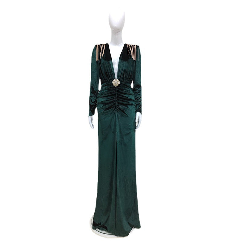 Abito Elegante con Frange Metalliche per Donna - Vestito da Sera Lungo con Maniche Lunghe e Scollo a V