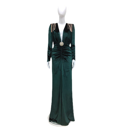 Abito Elegante con Frange Metalliche per Donna - Vestito da Sera Lungo con Maniche Lunghe e Scollo a V