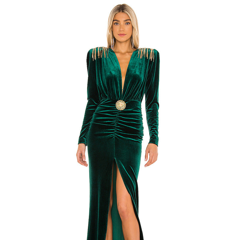 Abito Elegante con Frange Metalliche per Donna - Vestito da Sera Lungo con Maniche Lunghe e Scollo a V