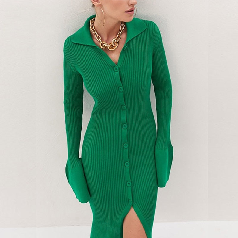 Abito In Maglia da Donna con Maniche a Lanterna - Elegante Vestito Slim con Spacco Centrale per l'Autunno