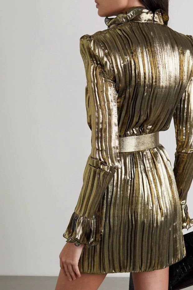 Abito Elegante con Cintura e Gonna Plissettata Argentoe Oro – Moderna e Chic