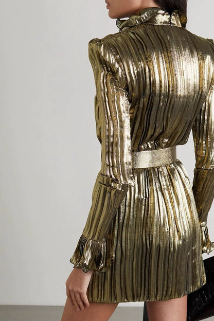 Abito Elegante con Cintura e Gonna Plissettata Argentoe Oro – Moderna e Chic