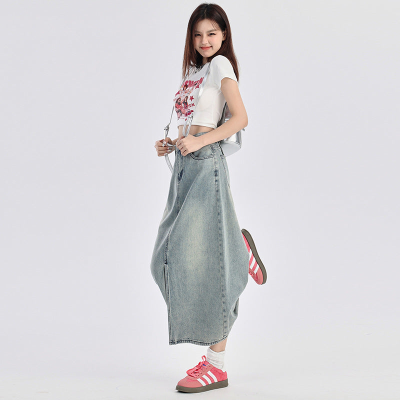 Gonna in Denim Blu Vintage con Spacco – Vita Alta, stile retrò americano