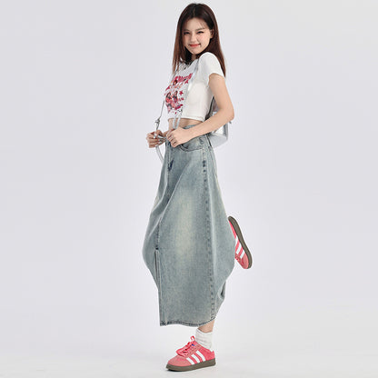 Gonna in Denim Blu Vintage con Spacco – Vita Alta, stile retrò americano