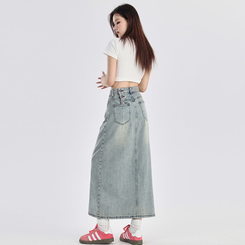 Gonna in Denim Blu Vintage con Spacco – Vita Alta, stile retrò americano