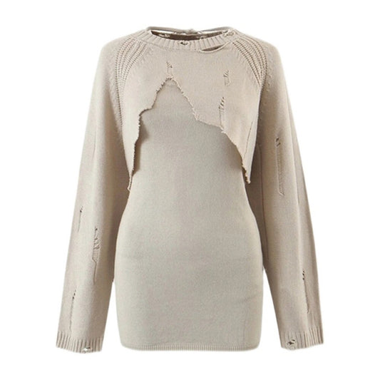Completo Due Pezzi Donna con Top a Manica Lunga e Collo Rotondo, Abito Mini Senza Maniche con Collo Quadrato, Set in Maglia