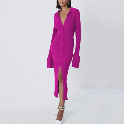 Abito In Maglia da Donna con Maniche a Lanterna - Elegante Vestito Slim con Spacco Centrale per l'Autunno