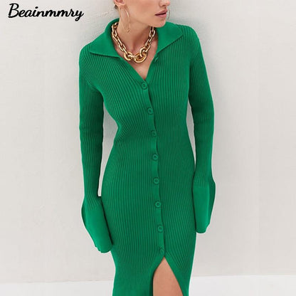 Abito In Maglia da Donna con Maniche a Lanterna - Elegante Vestito Slim con Spacco Centrale per l'Autunno