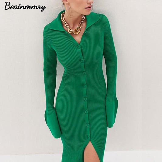 Abito In Maglia da Donna con Maniche a Lanterna - Elegante Vestito Slim con Spacco Centrale per l'Autunno