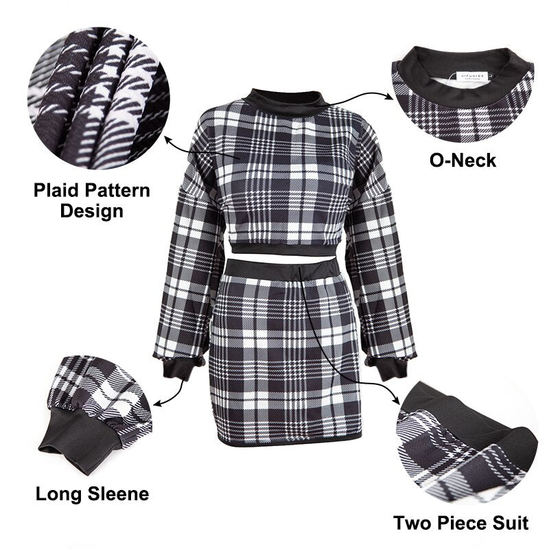 Completo Elegante da Donna in Due Pezzi per Ufficio: Maglione a Quadri, Crop Top a Maniche Lunghe e Gonna - Abito Sexy alla Moda
