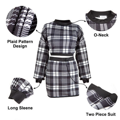 Completo Elegante da Donna in Due Pezzi per Ufficio: Maglione a Quadri, Crop Top a Maniche Lunghe e Gonna - Abito Sexy alla Moda