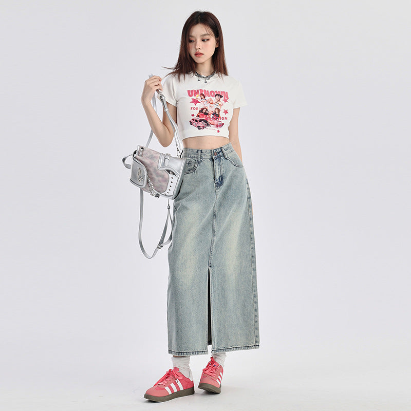 Gonna in Denim Blu Vintage con Spacco – Vita Alta, stile retrò americano
