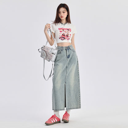 Gonna in Denim Blu Vintage con Spacco – Vita Alta, stile retrò americano
