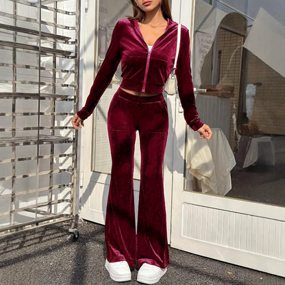 Set Sportivo Autunnale Zipper Velvet con Top a Cappuccio e Pantaloni a Zampa