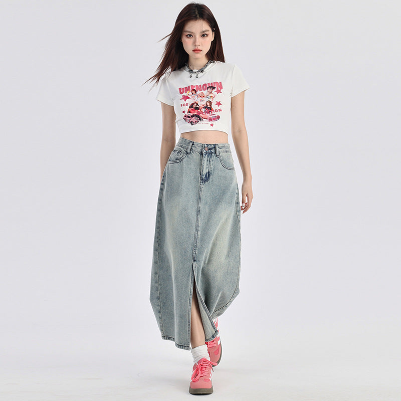 Gonna in Denim Blu Vintage con Spacco – Vita Alta, stile retrò americano