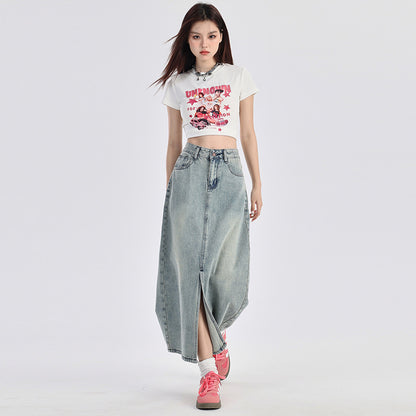 Gonna in Denim Blu Vintage con Spacco – Vita Alta, stile retrò americano