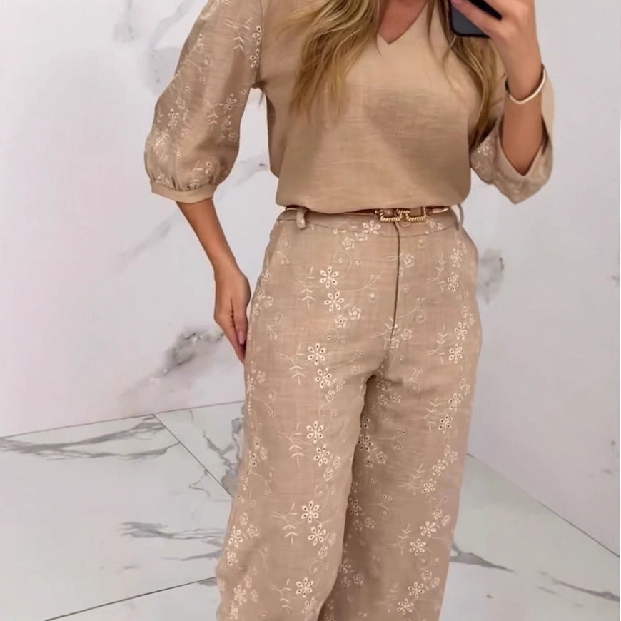 Completo Elegante Donna con Pantaloni Lunghi a Gamba Larga e Top Ricamato in Cotone
