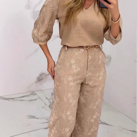 Completo Elegante Donna con Pantaloni Lunghi a Gamba Larga e Top Ricamato in Cotone