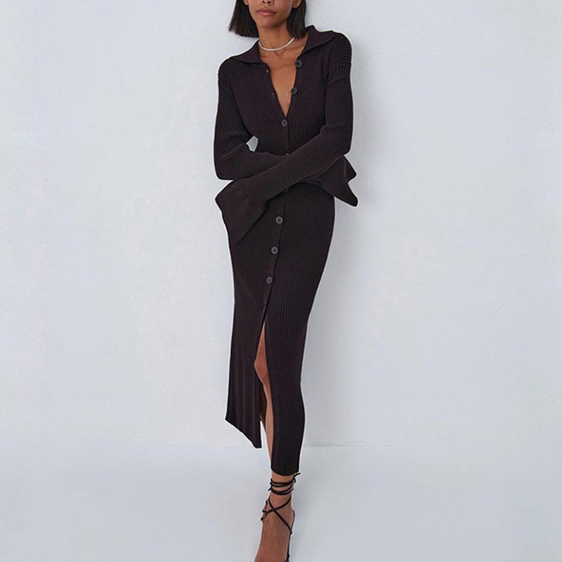 Abito In Maglia da Donna con Maniche a Lanterna - Elegante Vestito Slim con Spacco Centrale per l'Autunno