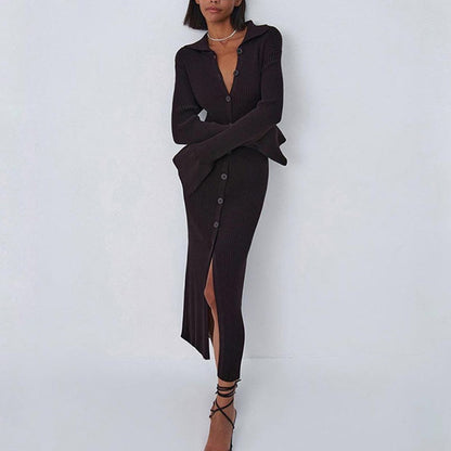 Abito In Maglia da Donna con Maniche a Lanterna - Elegante Vestito Slim con Spacco Centrale per l'Autunno