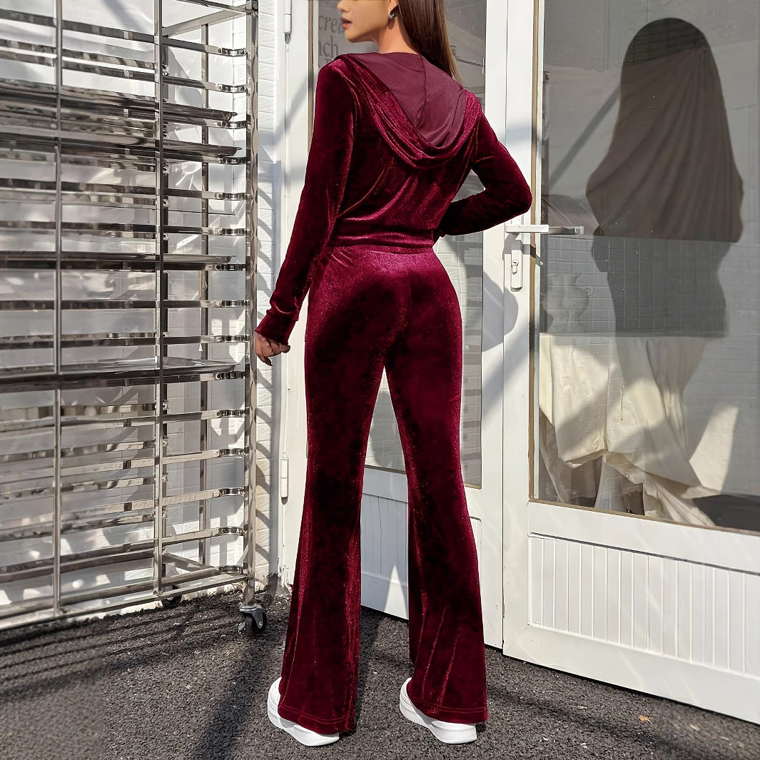 Set Sportivo Autunnale Zipper Velvet con Top a Cappuccio e Pantaloni a Zampa