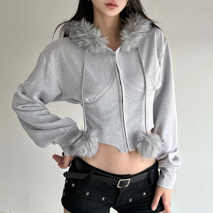 Giacca Corta con Cappuccio e Colletto in Pelliccia Stile Streetwear