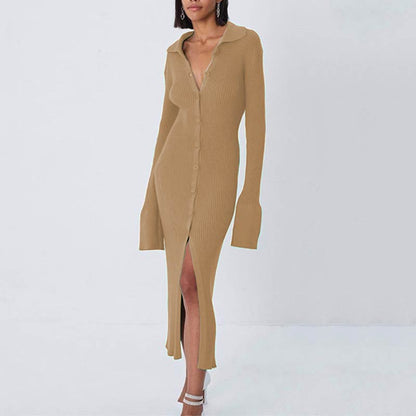 Abito In Maglia da Donna con Maniche a Lanterna - Elegante Vestito Slim con Spacco Centrale per l'Autunno