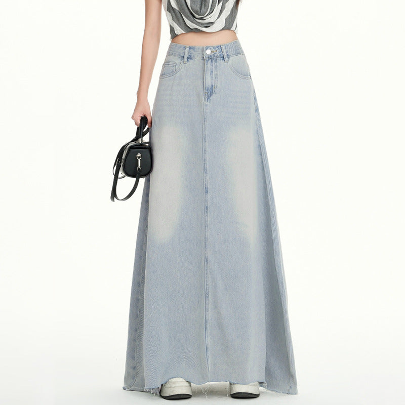 Gonna Lunga in Denim a Vita Alta da Donna con Orlo Sfilacciato