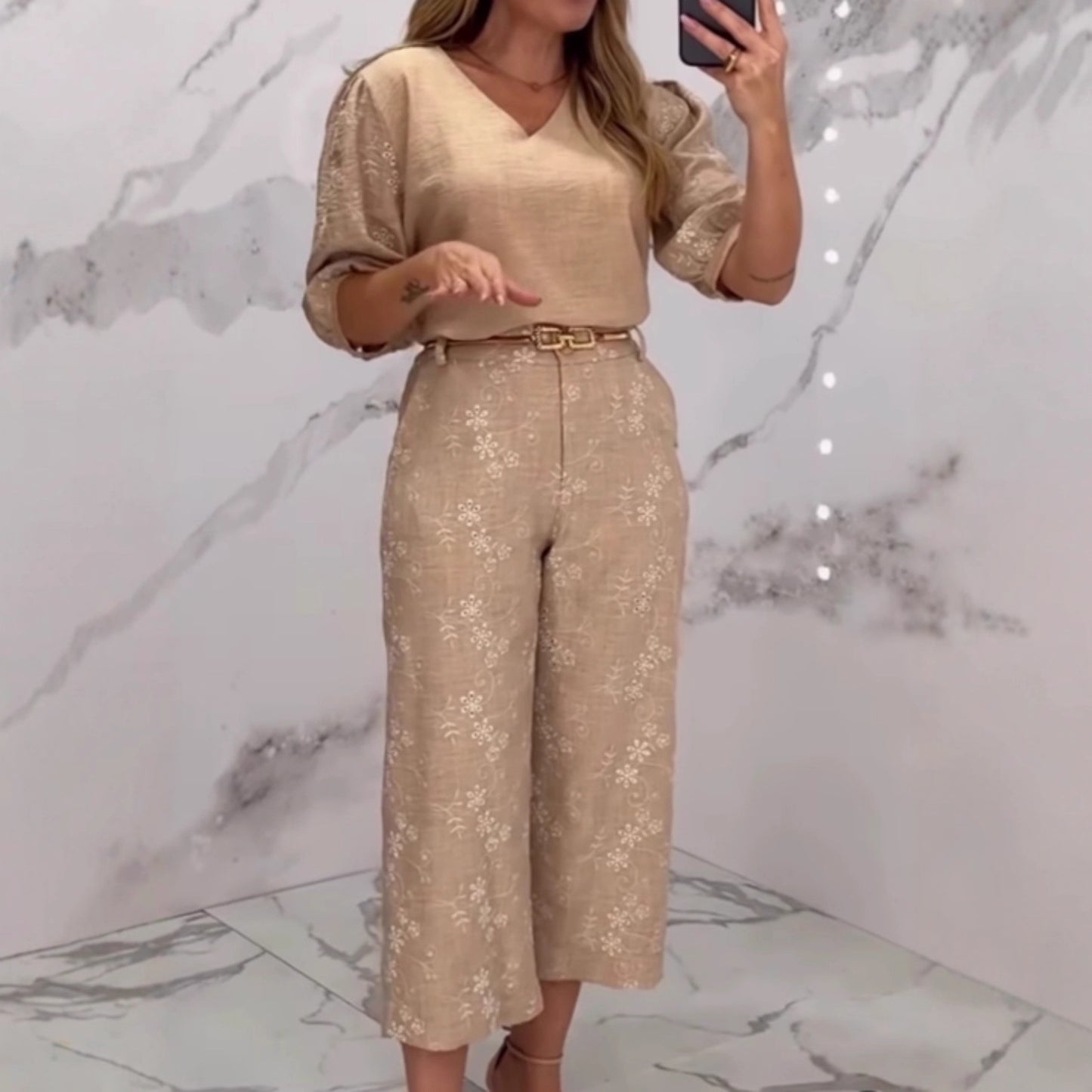 Completo Elegante Donna con Pantaloni Lunghi a Gamba Larga e Top Ricamato in Cotone