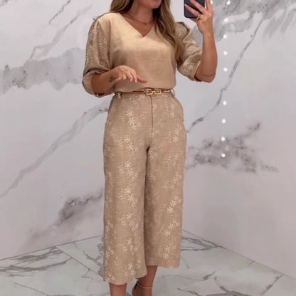 Completo Elegante Donna con Pantaloni Lunghi a Gamba Larga e Top Ricamato in Cotone