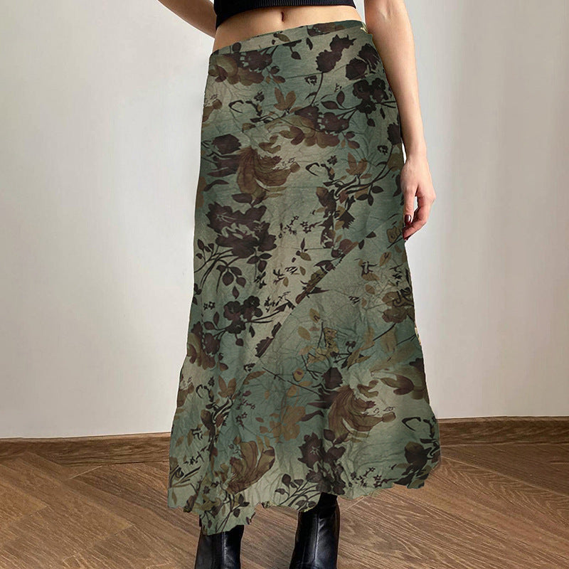 Gonna Verde Vintage a Vita Bassa con Stampa