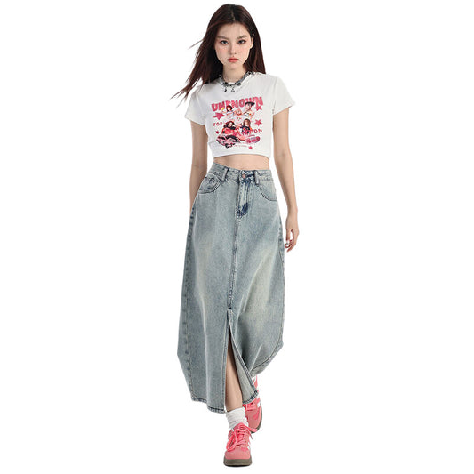 Gonna in Denim Blu Vintage con Spacco – Vita Alta, stile retrò americano
