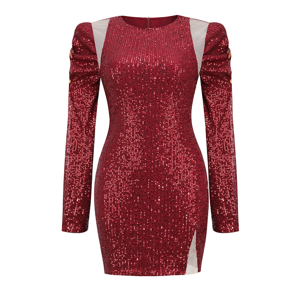 Abito da Donna Sexy a Manica Lunga con Maniche a Paillettes e Fessura sul Retro