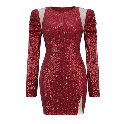 Abito da Donna Sexy a Manica Lunga con Maniche a Paillettes e Fessura sul Retro