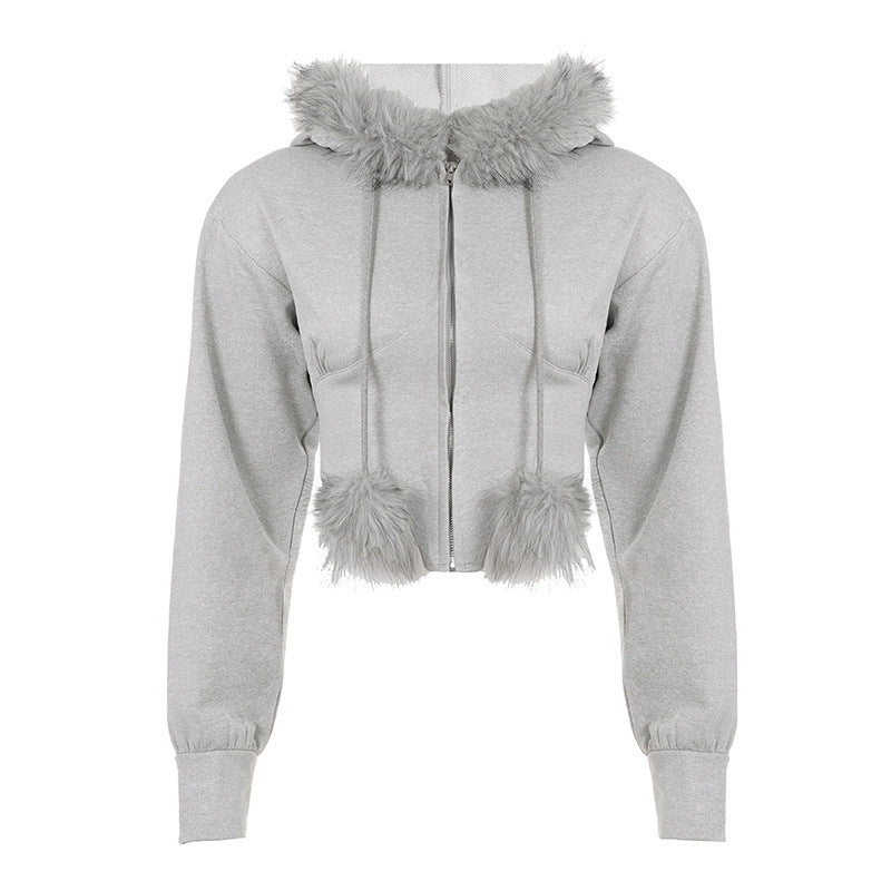 Giacca Corta con Cappuccio e Colletto in Pelliccia Stile Streetwear