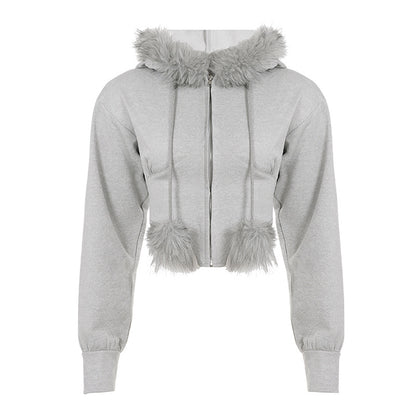 Giacca Corta con Cappuccio e Colletto in Pelliccia Stile Streetwear