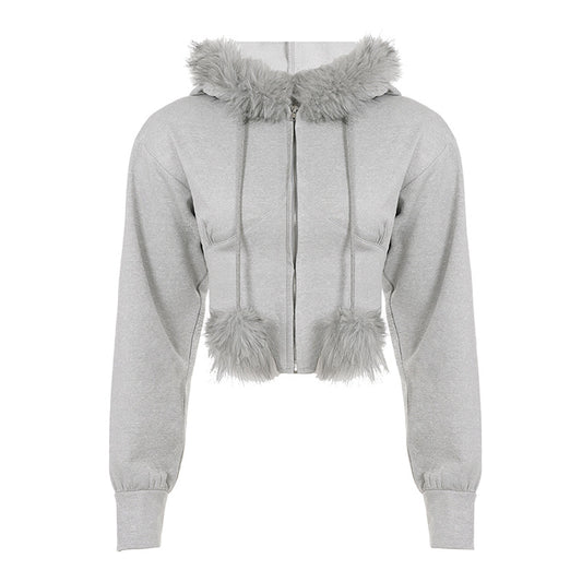Giacca Corta con Cappuccio e Colletto in Pelliccia Stile Streetwear