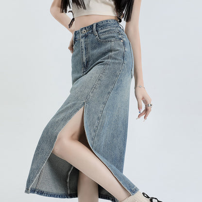 Gonna Midi In Denim Con Spacco A Vita Alta Linea A