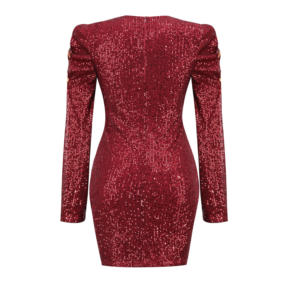 Abito da Donna Sexy a Manica Lunga con Maniche a Paillettes e Fessura sul Retro