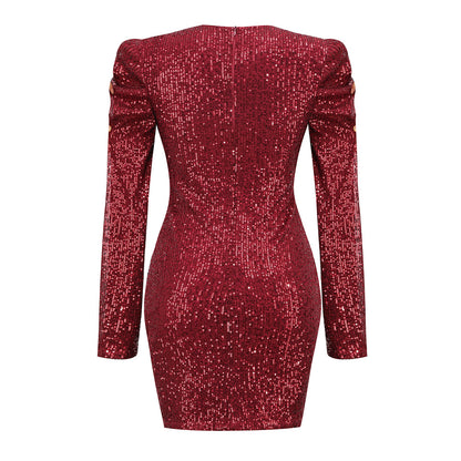 Abito da Donna Sexy a Manica Lunga con Maniche a Paillettes e Fessura sul Retro