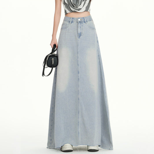 Gonna Lunga in Denim a Vita Alta da Donna con Orlo Sfilacciato