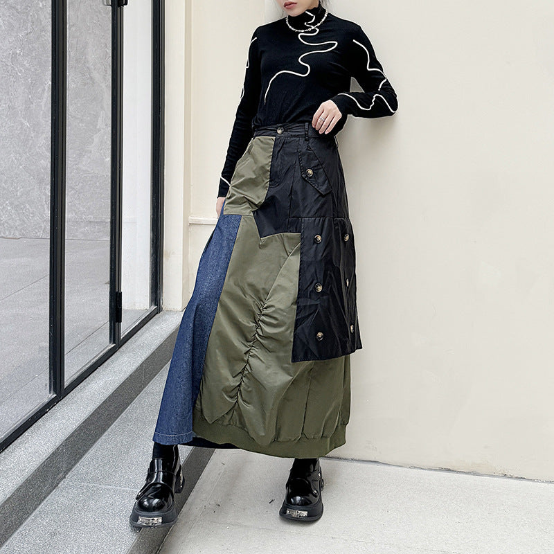 Gonna Lunga a Vita Alta in Denim Patchwork Retro per Donna