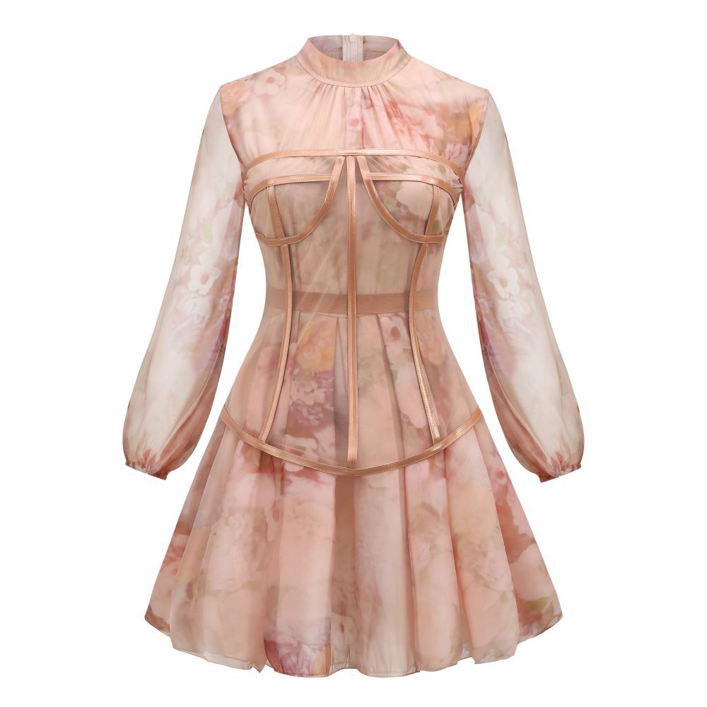 Gonna Fashion Donna Europea con Vestito Rosa in Chiffon – Set con Corsetto