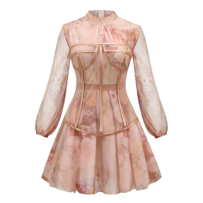 Gonna Fashion Donna Europea con Vestito Rosa in Chiffon – Set con Corsetto